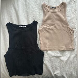 Zara Ribbed Tank Tops in Black and Beige - Set of 2